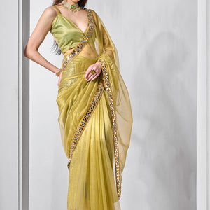 Mirror Work Lace Saree With Blouse Piece