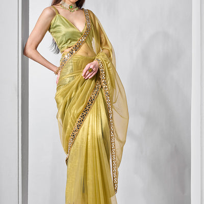 Mirror Work Lace Saree With Blouse Piece