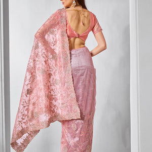 Embroidered Embellished Peach Organza Saree With Blouse Piece