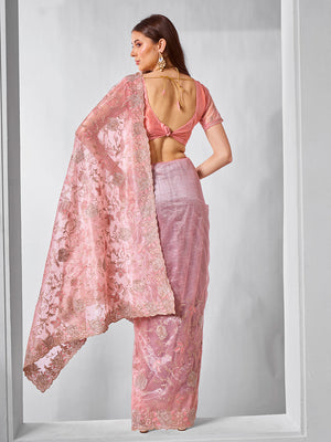 Embroidered Embellished Peach Organza Saree With Blouse Piece