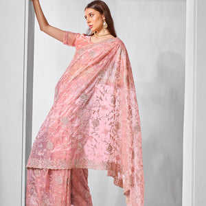 Embroidered Embellished Peach Organza Saree With Blouse Piece
