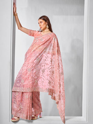 Embroidered Embellished Peach Organza Saree With Blouse Piece