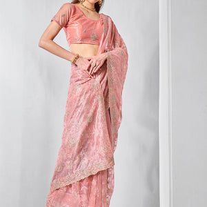 Embroidered Embellished Peach Organza Saree With Blouse Piece