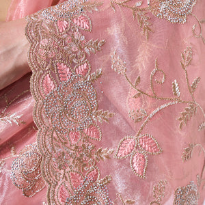 Embroidered Embellished Peach Organza Saree With Blouse Piece