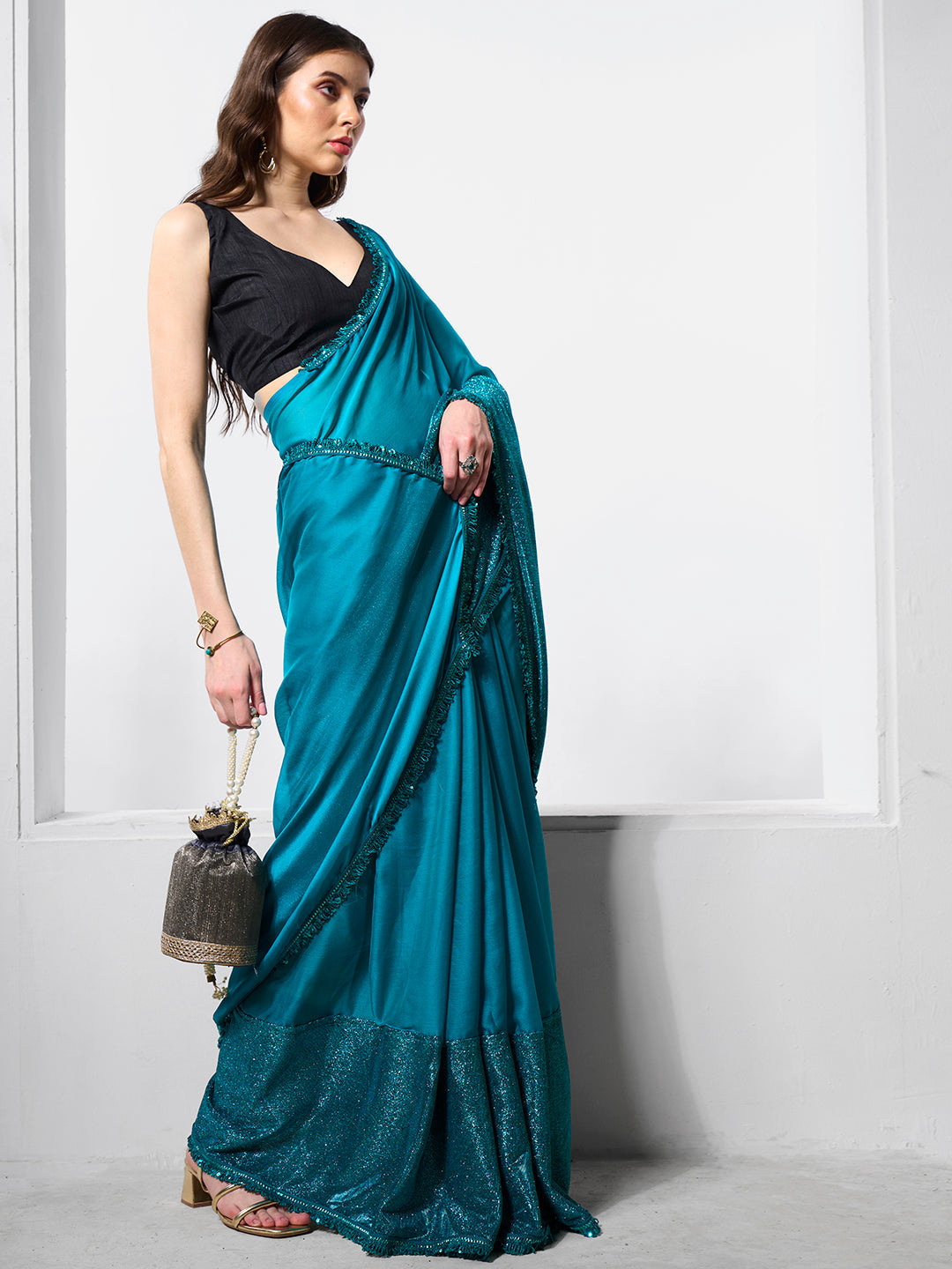 Embellished Satin Saree With Blouse Piece