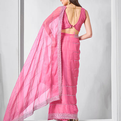 Embroidered Embellished Chiffon Saree With Blouse Piece