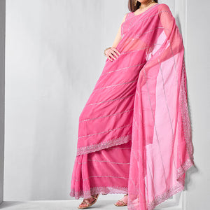Embroidered Embellished Chiffon Saree With Blouse Piece
