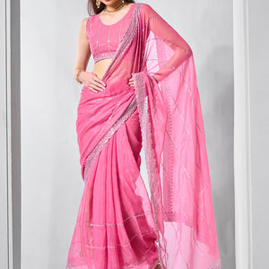 Embroidered Embellished Chiffon Saree With Blouse Piece