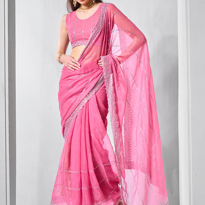 Embroidered Embellished Chiffon Saree With Blouse Piece