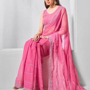 Embroidered Embellished Chiffon Saree With Blouse Piece