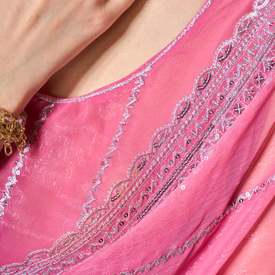 Embroidered Embellished Chiffon Saree With Blouse Piece