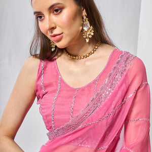 Embroidered Embellished Chiffon Saree With Blouse Piece