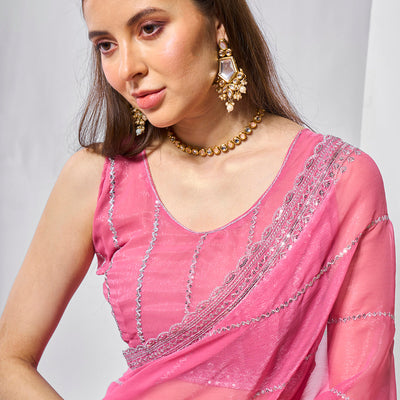 Embroidered Embellished Chiffon Saree With Blouse Piece
