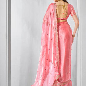 Embroidered Embellished Peach Organza Saree With Blouse Piece
