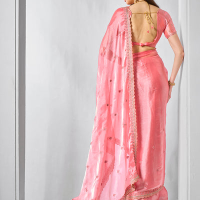 Embroidered Embellished Peach Organza Saree With Blouse Piece