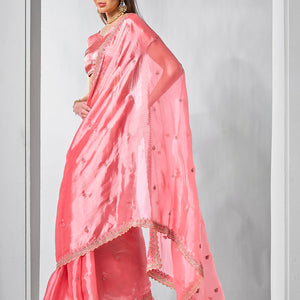 Embroidered Embellished Peach Organza Saree With Blouse Piece