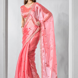 Embroidered Embellished Peach Organza Saree With Blouse Piece