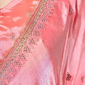 Embroidered Embellished Peach Organza Saree With Blouse Piece