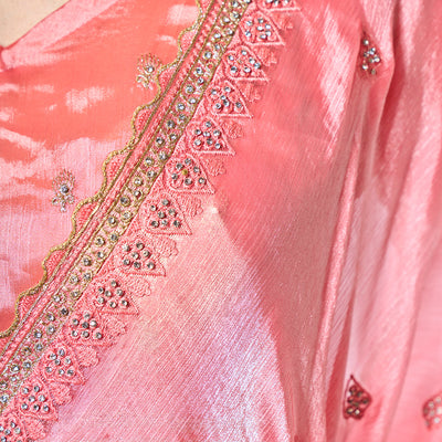 Embroidered Embellished Peach Organza Saree With Blouse Piece