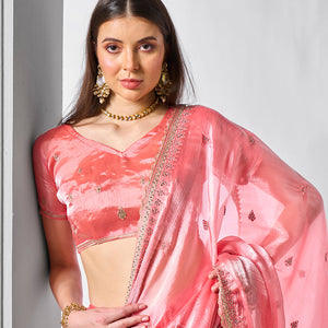 Embroidered Embellished Peach Organza Saree With Blouse Piece