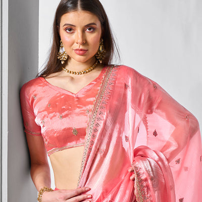 Embroidered Embellished Peach Organza Saree With Blouse Piece