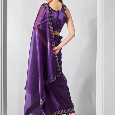 Beads and Stones Embellished  Organza Saree With Blouse Piece
