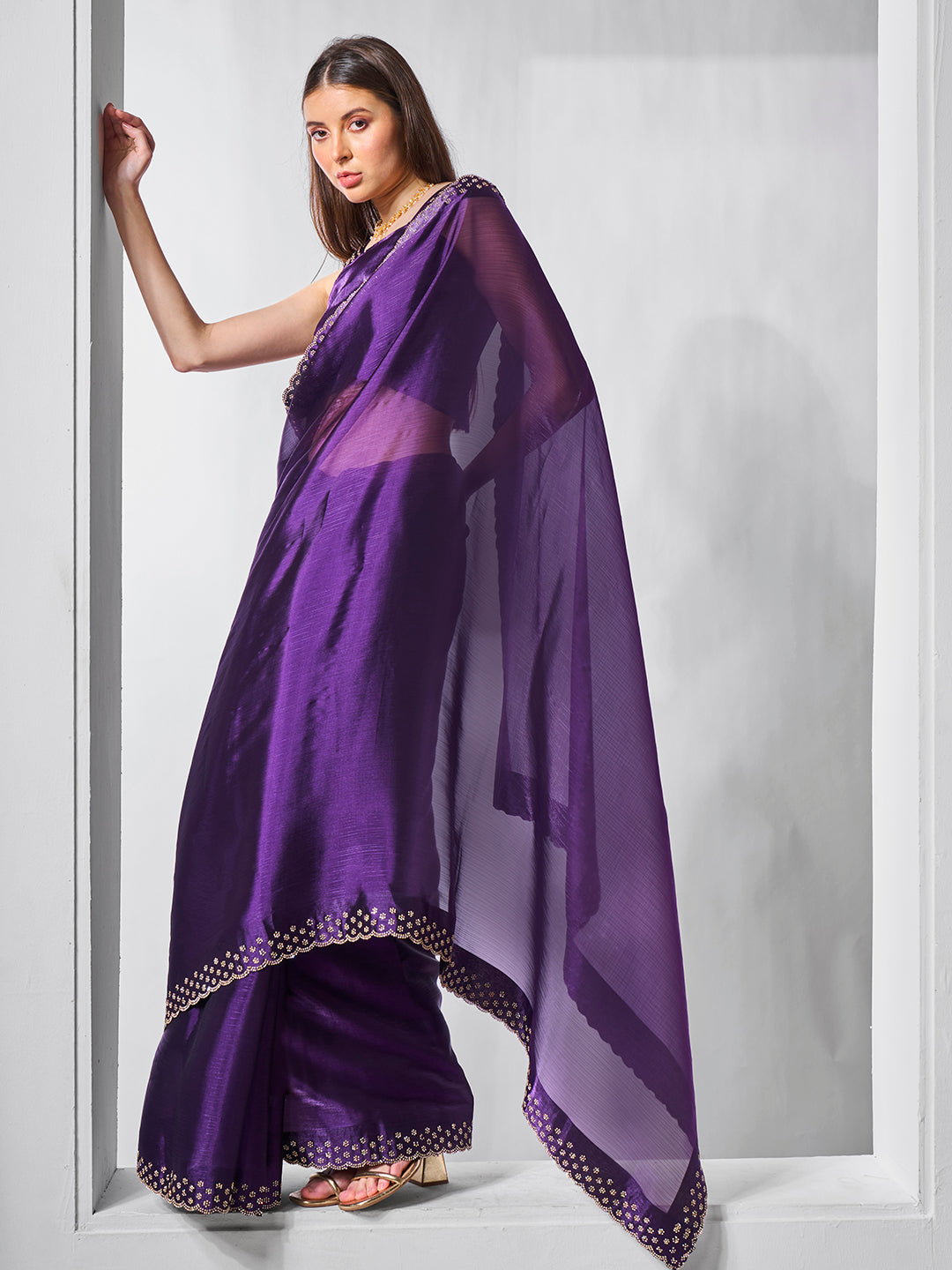 Beads and Stones Embellished  Organza Saree With Blouse Piece