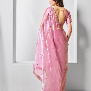 Embroidered Embellished Pink Organza Saree With Blouse Piece