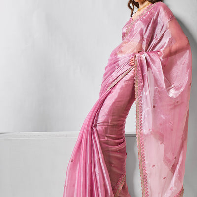 Embroidered Embellished Pink Organza Saree With Blouse Piece
