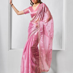 Embroidered Embellished Pink Organza Saree With Blouse Piece