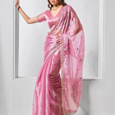Embroidered Embellished Pink Organza Saree With Blouse Piece