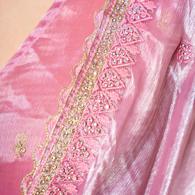 Embroidered Embellished Pink Organza Saree With Blouse Piece