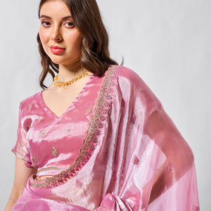 Embroidered Embellished Pink Organza Saree With Blouse Piece