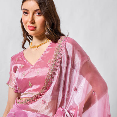 Embroidered Embellished Pink Organza Saree With Blouse Piece
