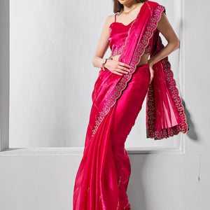 Embellished Beads and Stone Organza Saree With Blouse Piece