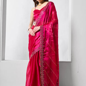 Embellished Beads and Stone Organza Saree With Blouse Piece
