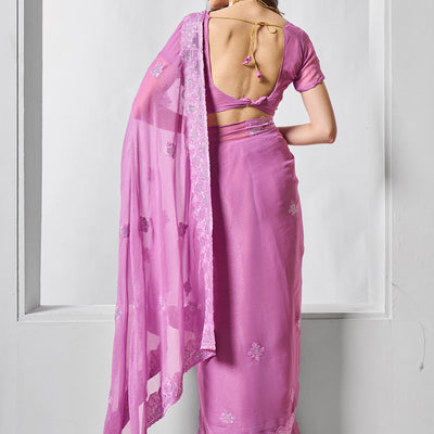 Embroidered Embellished Lavender Chifon Saree With Blouse Piece