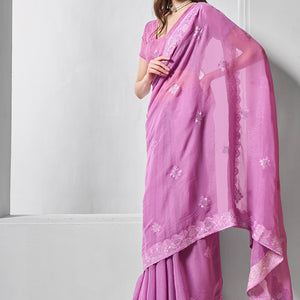 Embroidered Embellished Lavender Chifon Saree With Blouse Piece