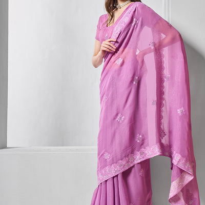 Embroidered Embellished Lavender Chifon Saree With Blouse Piece