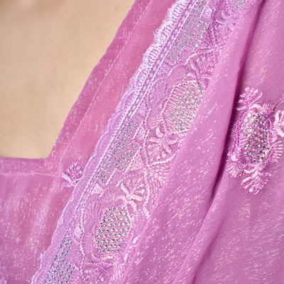 Embroidered Embellished Lavender Chifon Saree With Blouse Piece