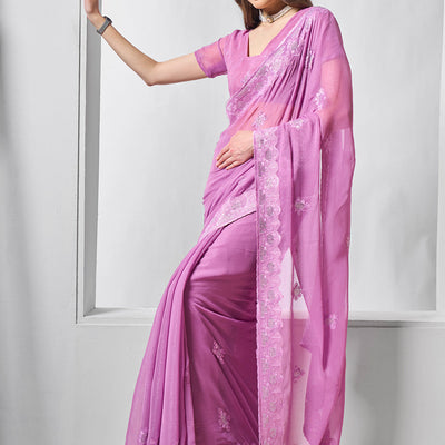 Embroidered Embellished Lavender Chifon Saree With Blouse Piece