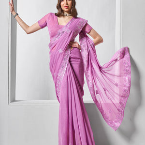 Embroidered Embellished Lavender Chifon Saree With Blouse Piece