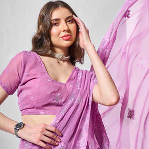Embroidered Embellished Lavender Chifon Saree With Blouse Piece