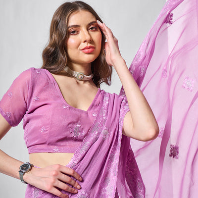 Embroidered Embellished Lavender Chifon Saree With Blouse Piece