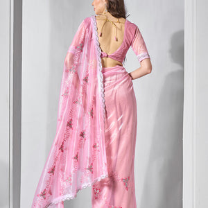 Embroidered Embellished Pink Organza Saree With Blouse Piece