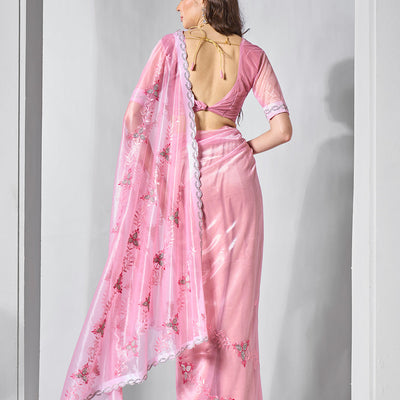Embroidered Embellished Pink Organza Saree With Blouse Piece