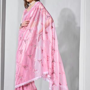 Embroidered Embellished Pink Organza Saree With Blouse Piece