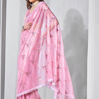 Embroidered Embellished Pink Organza Saree With Blouse Piece