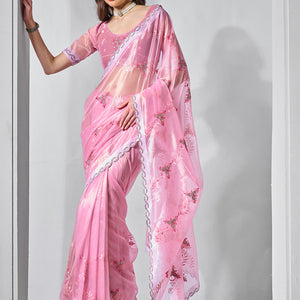Embroidered Embellished Pink Organza Saree With Blouse Piece