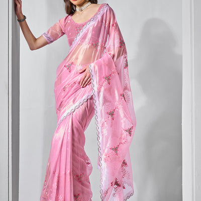 Embroidered Embellished Pink Organza Saree With Blouse Piece